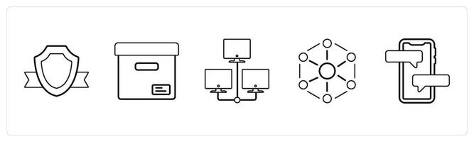 A set of 5 mix icons as shield, parcel, hosting in black line color vector
