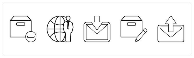 A set of 5 mix icons as remove box, global service, received mail in black line color vector