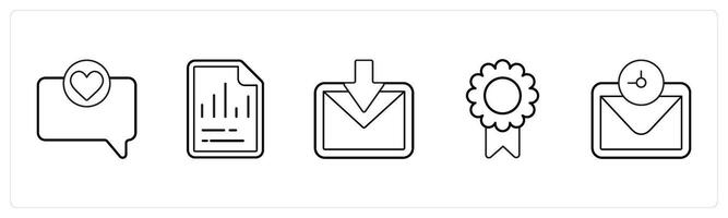 A set of 5 mix icons as favorite comment, graph, received mail in black line color vector