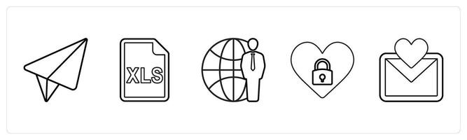 A set of 5 mix icons as message, excel sheet, global service in black line color vector