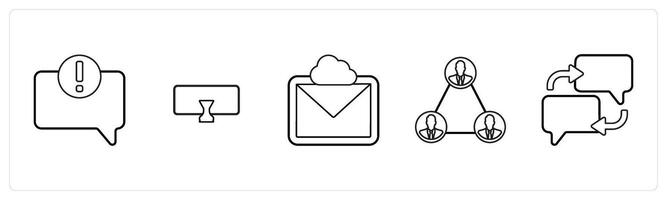 A set of 5 mix icons as error in comment, designation patch, cloud message in black line color vector