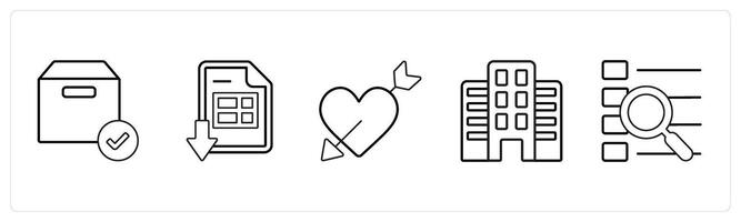 A set of 5 mix icons as verified box, download excel sheet, falling in love in black line color vector