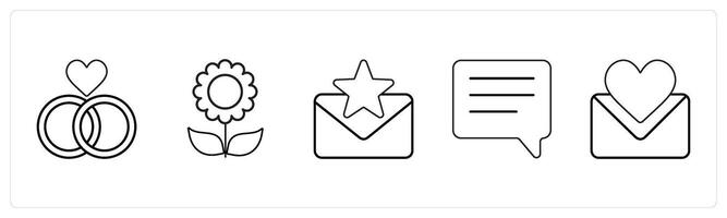 A set of 5 mix icons as relationship, flower, favorite message in black line color vector