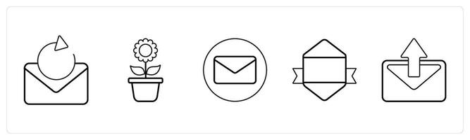 A set of 5 mix icons as refresh message, flower pot, envelope in black line color vector