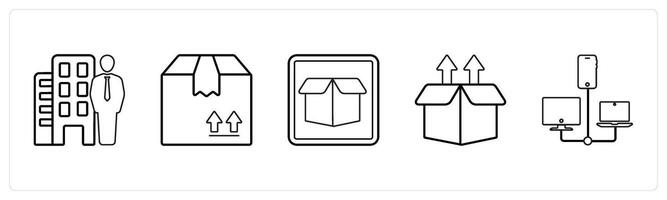 A set of 5 mix icons as property dealer, forward parcel, drop box in black line color vector