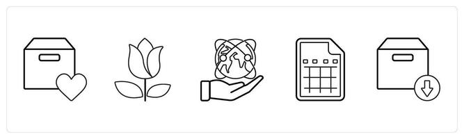 A set of 5 mix icons as favorite box, flower, save earth in black line color vector