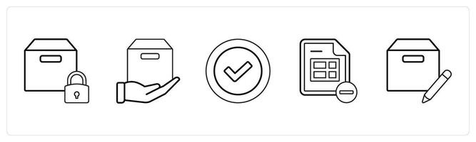 A set of 5 mix icons as secure box, forward parcel, verified in black line color vector