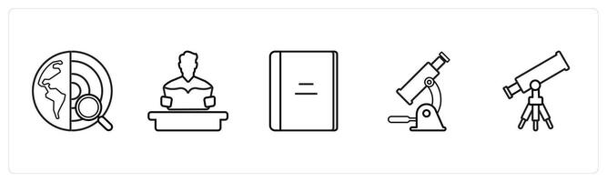 A set of 5 School icons as earth, study, book in black line color vector