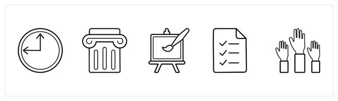 A set of 5 School icons as time, podium, drawing in black line color vector