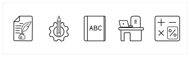 A set of 5 School icons as authorship, write, alphabet in black line color vector
