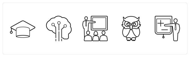 A set of 5 School icons as graduate, creative brain, class in black line color vector