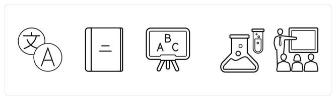 A set of 5 School icons as courses, book, class in black line color vector