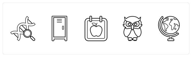 A set of 5 School icons as dna search, locker, schedule in black line color vector