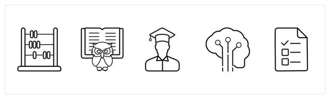 A set of 5 School icons as abacus, smart class, graduate in black line color vector