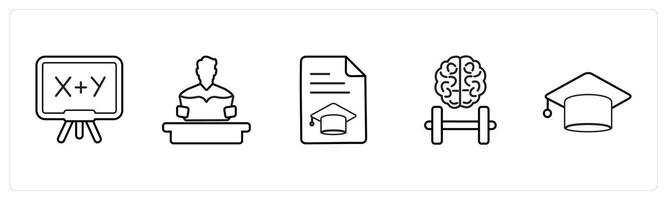 A set of 5 School icons as mathematics, study, certificate in black line color vector