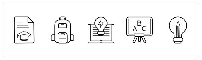 A set of 5 School icons as certificate, school bag, creativity in black line color vector