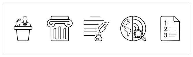 A set of 5 School icons as speaker, podium, authorship in black line color vector