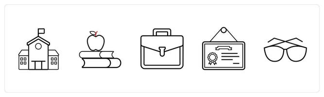 A set of 5 School icons as school, library, school bag in black line color vector