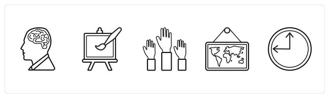 A set of 5 School icons as brain, drawing, raise hand in black line color vector