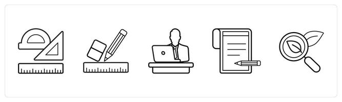 A set of 5 School icons as stationery, desk, write in black line color vector