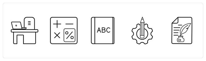 A set of 5 School icons as desk, calculator, alphabet in black line color vector