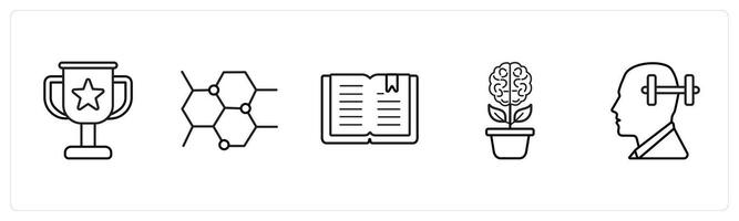 A set of 5 School icons as trophy, chemistry, book in black line color vector