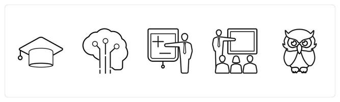A set of 5 School icons as graduate, creative brain, lecture in black line color vector
