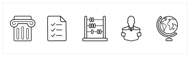A set of 5 School icons as podium, examination, abacus in black line color vector