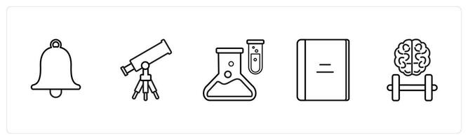 A set of 5 School icons as bell, telescope, laboartory in black line color vector