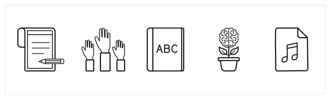 A set of 5 School icons as write, raise hand, alphabet in black line color vector