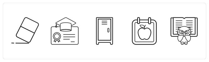 A set of 5 School icons as eraser, degree, locker in black line color vector