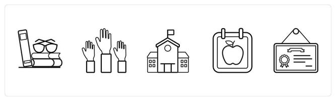A set of 5 School icons as library, raise hand, school in black line color vector