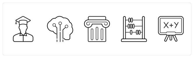 A set of 5 School icons as graduate, creative brain, podium in black line color vector