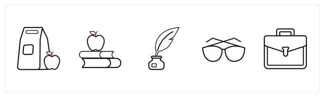 A set of 5 School icons as meal, library, inkpot in black line color vector