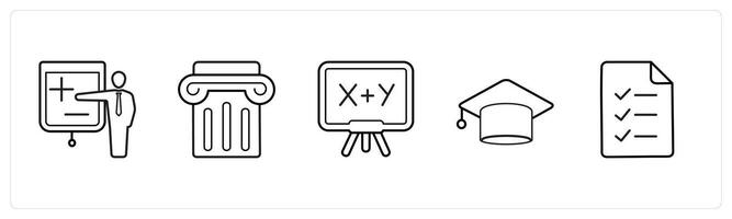 A set of 5 School icons as lecture, podium, mathematics in black line color vector