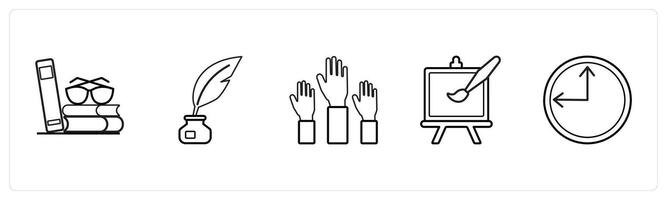 A set of 5 School icons as library, inkpot, raise hand in black line color vector