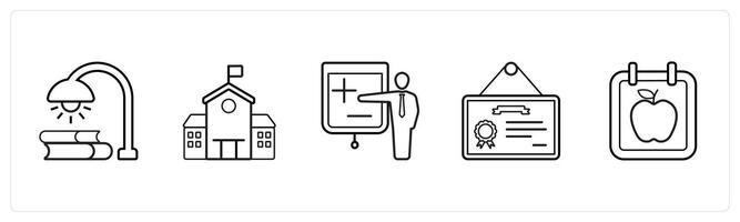 A set of 5 School icons as homework, school, lecture in black line color vector