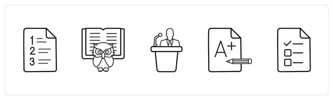 A set of 5 School icons as examination sheet, smart class in black line color vector