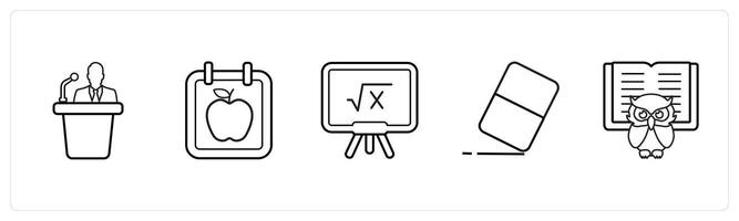 A set of 5 School icons as speaker, education, mathematics in black line color vector