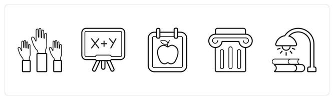A set of 5 School icons as raise hand, mathematics, schedule in black line color vector