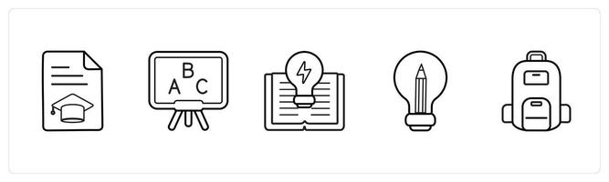 A set of 5 School icons as certificate, english class, creativity in black line color vector