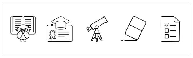 A set of 5 School icons as smart class, degree, telescope in black line color vector