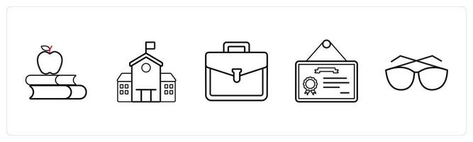 A set of 5 School icons as library, school, school bag in black line color vector
