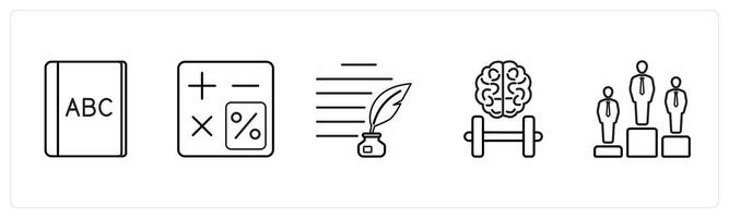 A set of 5 School icons as alphabet, calculator, authorship in black line color vector