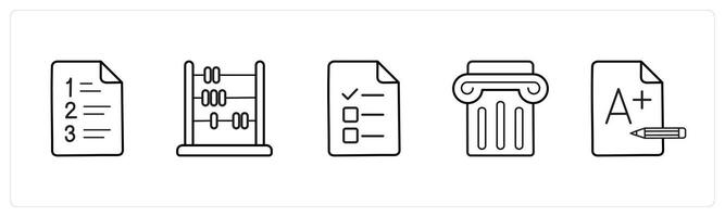 A set of 5 School icons as examination sheet, abacus, exam in black line color vector