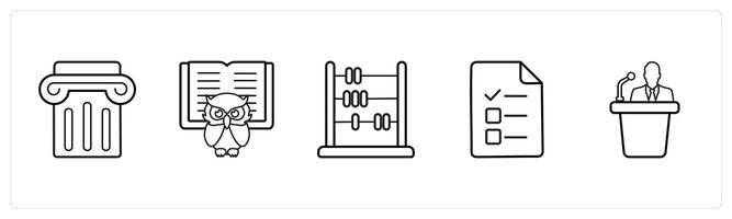 A set of 5 School icons as podium, smart class, abacus in black line color vector