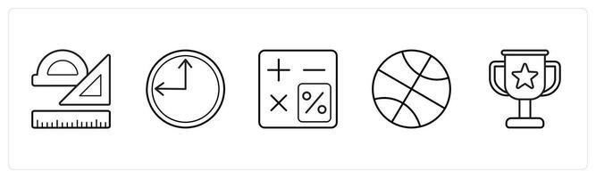 A set of 5 School icons as stationery, time, calculator in black line color vector