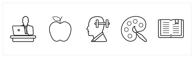 A set of 5 School icons as desk, apple, memory in black line color vector