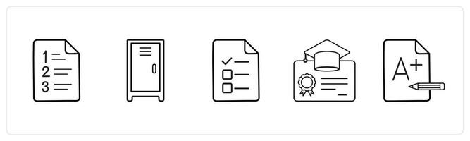 A set of 5 School icons as examination sheet, locker, exam in black line color vector