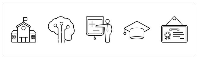A set of 5 School icons as school, creative brain, lecture in black line color vector